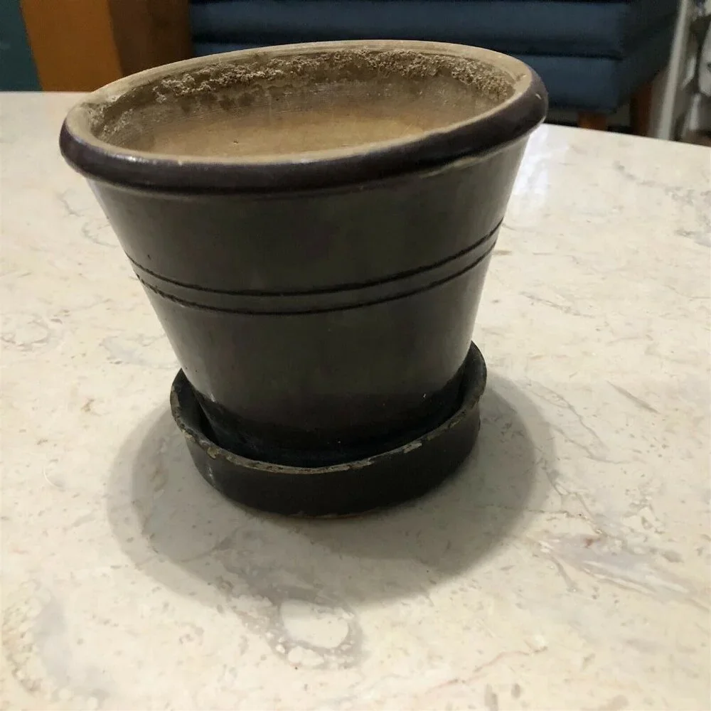 Vintage Pottery Planter with attached Saucer Brown Glaze Primitive
